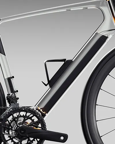 A water bottle cage on a bicycle